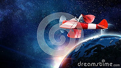 Santa hurrying up to deliver gifts. Mixed media Stock Photo