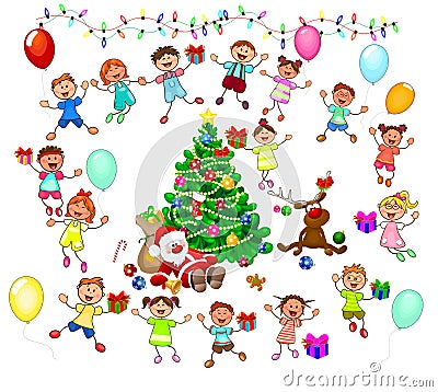 Santa, reindeer and joyful children Vector Illustration