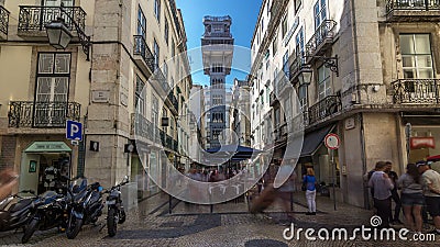 Santa Justa Elevator timelapse hyperlapse in Lisbon, Portugal. Editorial Stock Photo