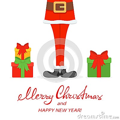 Santa legs in black shoes with Christmas gifts Vector Illustration