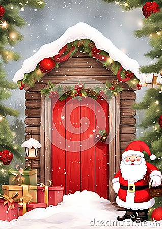 Santa Mailbox watercolor winter border Stock Photo