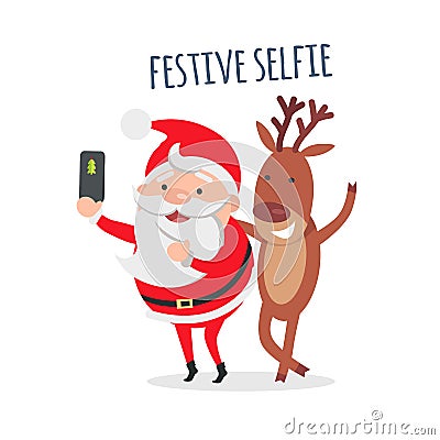 Santa Makes Festive Selfie with Reindeer. Vector Vector Illustration