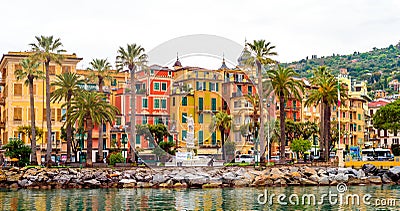 Santa Margherita Ligure. Genoa, Italy, view of the embankment, colorful houses Editorial Stock Photo