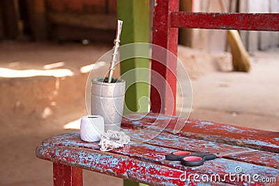 Santa Maria de Fe, Misiones, Paraguay - The Essentials of a Paraguayan Seamstress: Terere and Sewing Tools Stock Photo