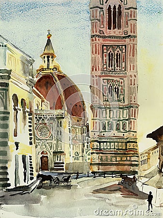 Santa Maria del Fiore Florence Duomo with bell tower and baptistery watercolor art Stock Photo