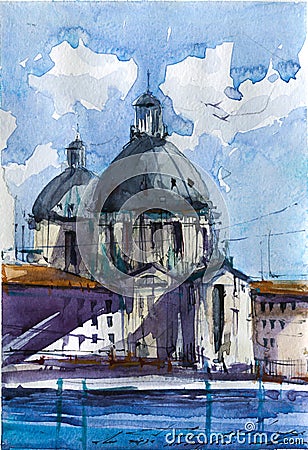 Santa Maria della Salute hand drawn watercolor illustration Cartoon Illustration