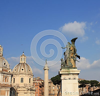 Santa Maria di Loreto church and statue in front of National Monument of Victor Emmanuel II, Rome, Italy Stock Photo