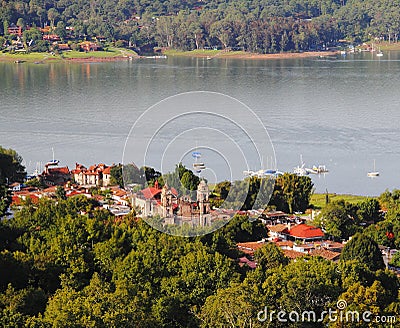 Santa MarÃ­a church and the lake in Valle de Bravo , mexico Stock Photo