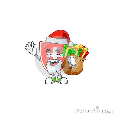 Santa medical shield Cartoon character design with sacks of gifts Vector Illustration