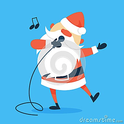 Santa with a microphone sing christmas song. Vector Illustration