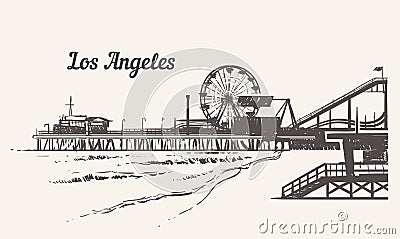 Santa Monica beach with an amusement park sketch. Los Angeles hand drawn vintage vector illustration Cartoon Illustration