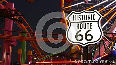 SANTA MONICA, LOS ANGELES, USA - 28 OCT 2019: Iconic road sign glowing, historic route 66. Famous california symbol, pier of Editorial Stock Photo