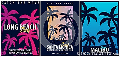 Santa Monica Surfing graphic with palms. T-shirt design and print. Stock Photo