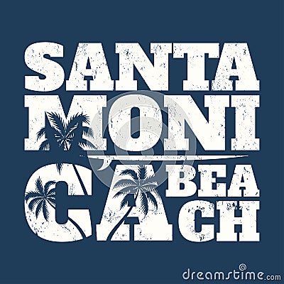 Santa Monica tee print with surfboard and palms. Vector Illustration