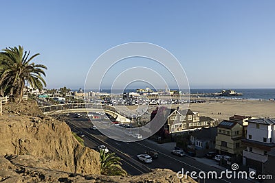 Santa Monica, USA - 10 August 2021: Scenery of Santa Monica. Beach, mountains and highway Editorial Stock Photo