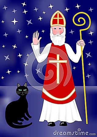 Santa Nicolas and black cat on night background with stars Vector Illustration