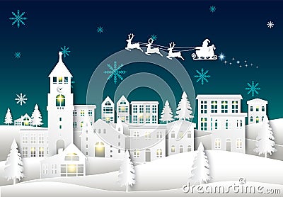 Santa on night sky in city town paper art Winter background. Christmas season paper cut style illustration Vector Illustration