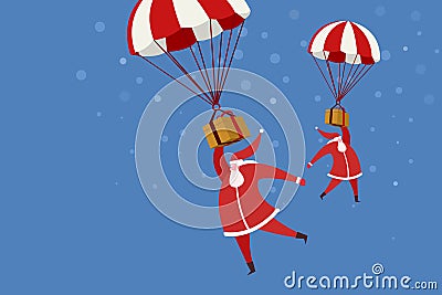 Santa Clauses with a gifts flying in hot air balloons Stock Photo