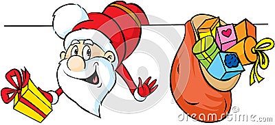 Santa peeking around white areas and holding gifts Vector Illustration