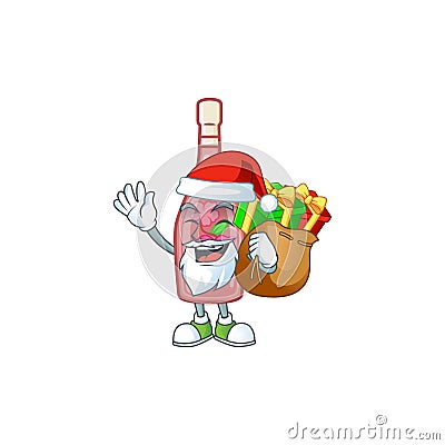 Santa pink bottle wine Cartoon character design having box of gift Vector Illustration