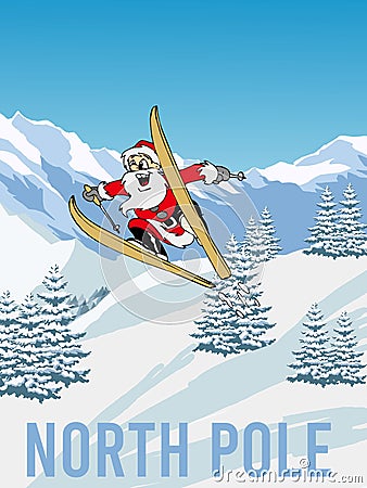 Santa playing ski on north pole travel poster illustration Cartoon Illustration