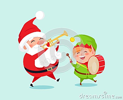 Santa Playing on Trumpet, Green Elf with Drum Vector Illustration