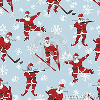 Santa playing winter sports.Seamless pattern Vector Illustration