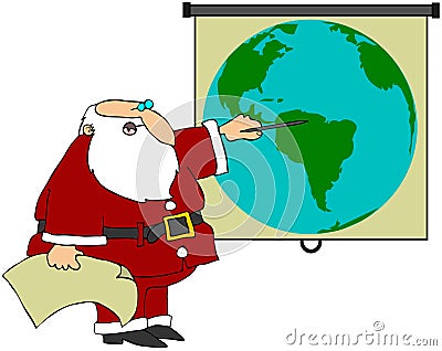 Santa Pointing At A World Globe Cartoon Illustration