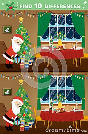 Santa, presents, fir tree, table. Christmas. Find 10 differences. Game. Cartoon, vector Vector Illustration