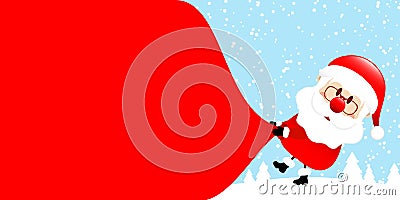 Santa Pulling Gift Bag Backwards Right Side Forest Blue Vector Illustration