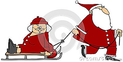 Santa pulling Mrs Claus on a sled Cartoon Illustration