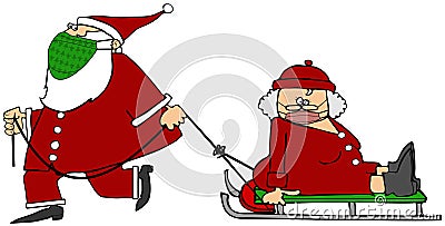 Santa pulling Mrs. Claus on a sleigh both wearing face masks Stock Photo