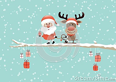 Santa Pulling Sleigh With Reindeer On Bough Turquoise Vector Illustration