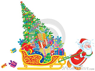 Santa pulls the sledge with the Christmas tree and Stock Photo