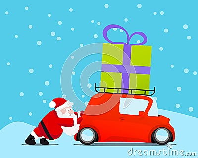 Santa pushing christmas car with gift Vector Illustration