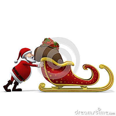 Santa pushing sleigh Cartoon Illustration