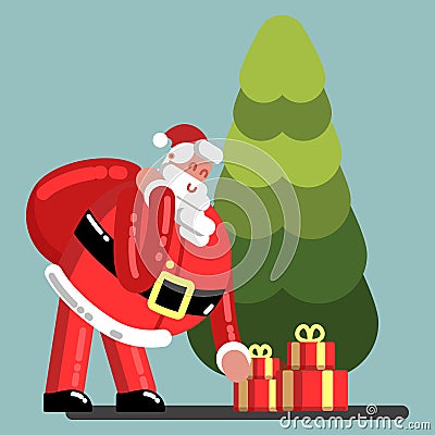 Santa puts presents under the tree Vector Illustration