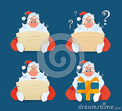 Santa reading a letter face expression set Vector Illustration