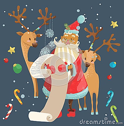 Santa reading a long Christmas wish list with deer Vector Illustration