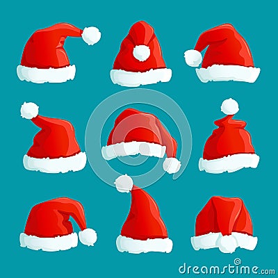 Santa red hats. Christmas funny caps. Santa clothes warm hat. Isolated vector set Vector Illustration