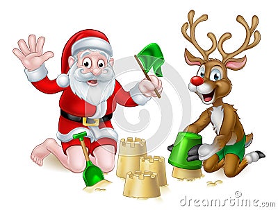 Santa and Reindeer Christmas Summer Beach Vector Illustration