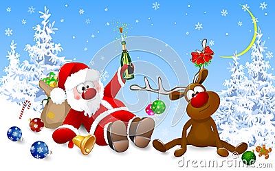 Santa and reindeer in the morning after Christmas Vector Illustration