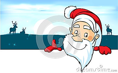 Santa and reindeer peeking around a white surface banner Vector Illustration