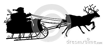 Santa Claus with Reindeer Sled - Black Silhouette on white Background Stock Photo