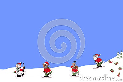 Santa and reindeer with snowman and bear while skiing Stock Photo