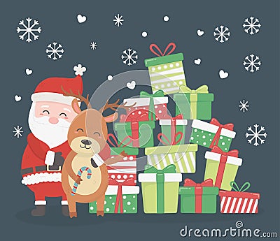 Santa and reindeer with stack gifts celebration merry christmas poster Vector Illustration