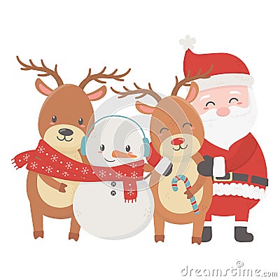 Santa reindeers and snowman with scarf celebration merry christmas Vector Illustration