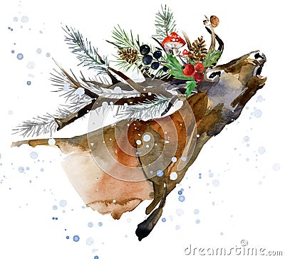 Santa Reindeers. watercolor winter forest animal. holidays background. Happy New Year banner Stock Photo