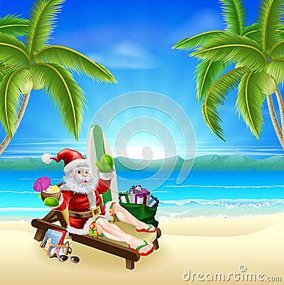 Santa Relaxing on Hot Sunny Beach Vector Illustration