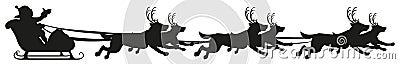 Santa riding dog sled ride. Black silhouette of dogs with horns of deer Vector Illustration